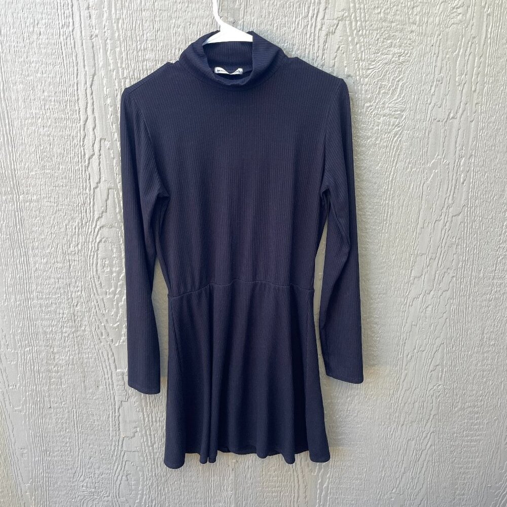 Reformation Dress‎ Size L Black Ribbed Mock Neck A Line Mini Long Sleeve Stretch
